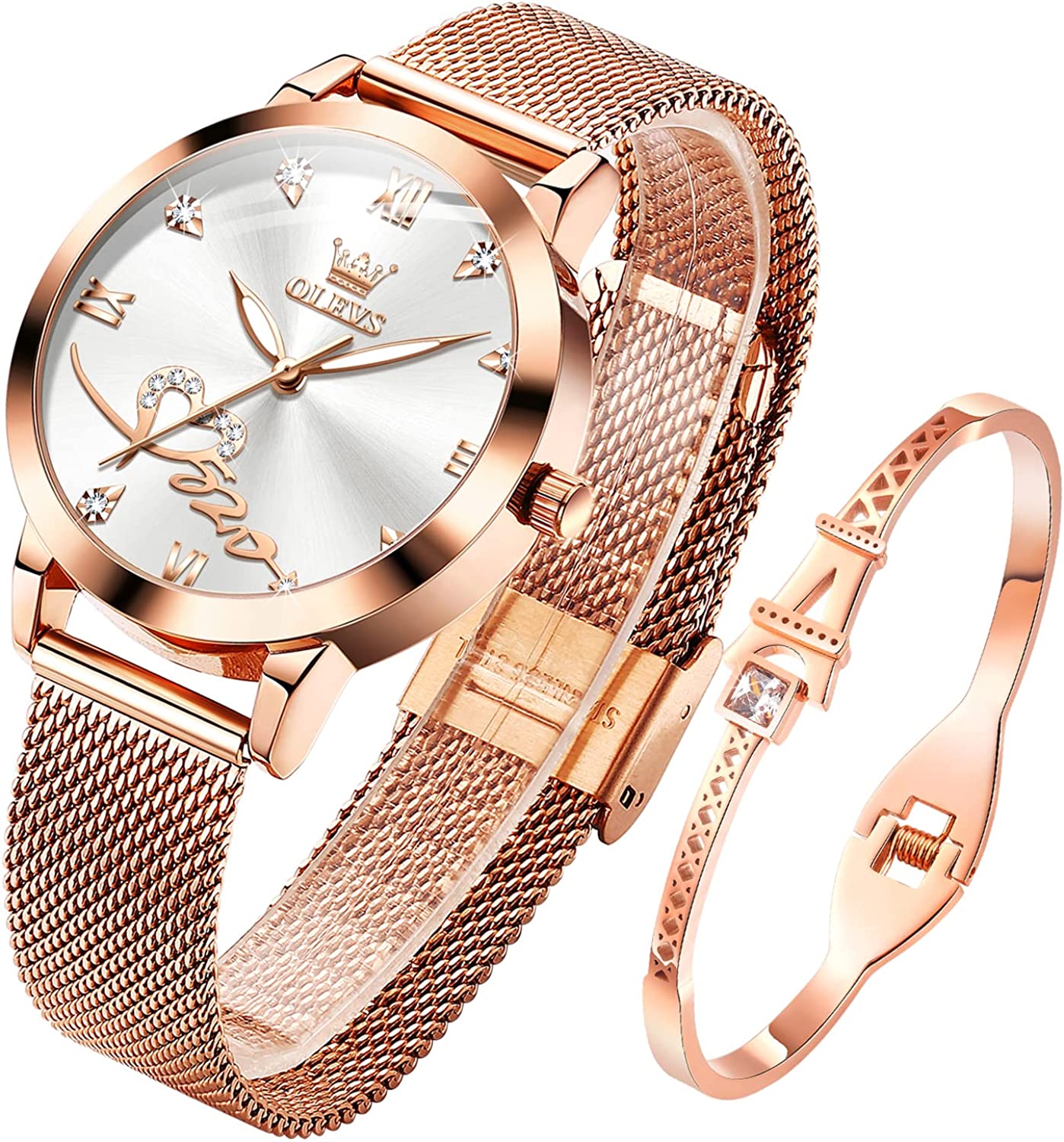 230816062317541_1 OLEVS Women's Rose Gold Watches Heart Diamond Japanese Quartz Movement Girls Ladies Wristwatch Big Face Waterproof Mesh Belt Watch and Bracelet Set Valentines Day Gifts - Image 1